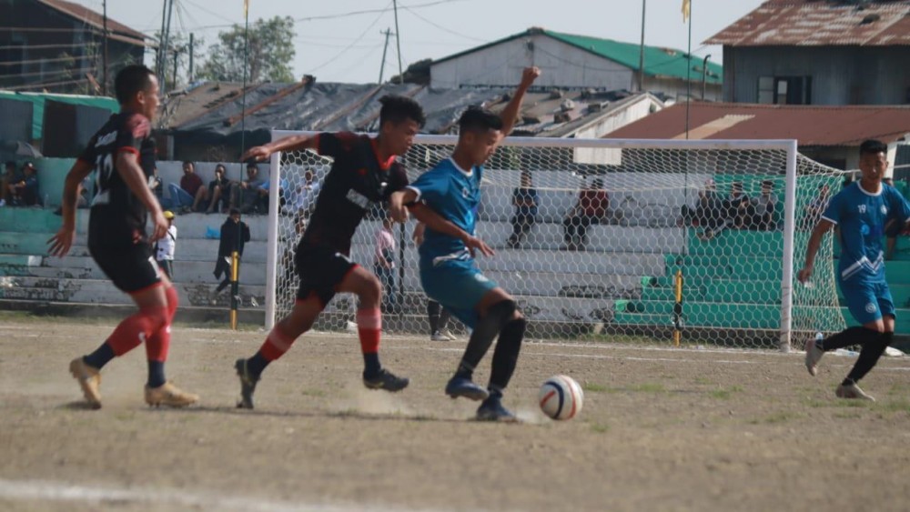 Players of Tseminyu (blue) and Shamator (black) in action at the ongoing Dr T Ao Tournament 2022 in Mokokchung.